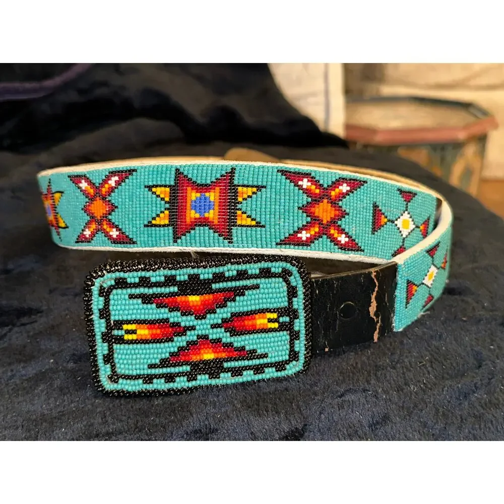 VINTAGE NATIVE TURQUOISE BEADED LEATHER BELT & MATCHING BUCKLE